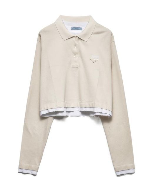 Prada White Cropped Long-Sleeve Polo T-Shirt