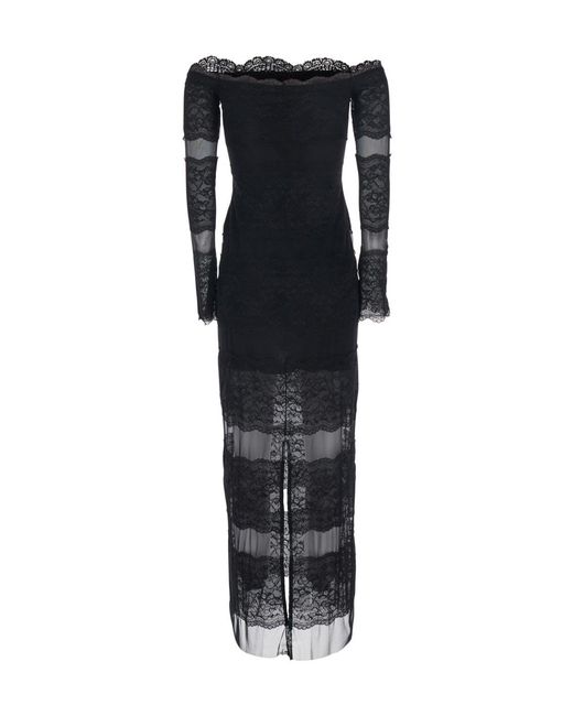 Blumarine Black Off-Shoulder Embroidered Lace Long Dress