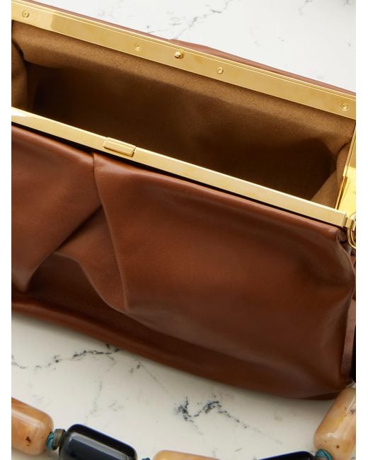 Dries Van Noten Brown Pleated Beaded Leather Clutch Bag
