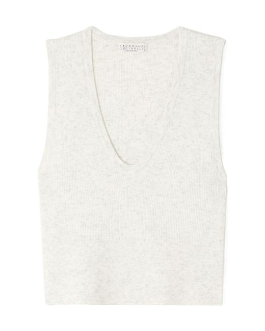 Brunello Cucinelli White Ribbed Plain Weave Vest