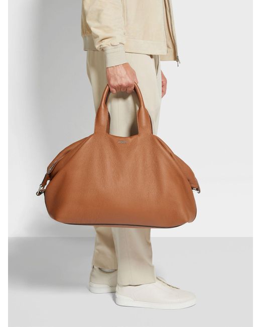 Zegna Brown Raglan Deerskin Holdall for men