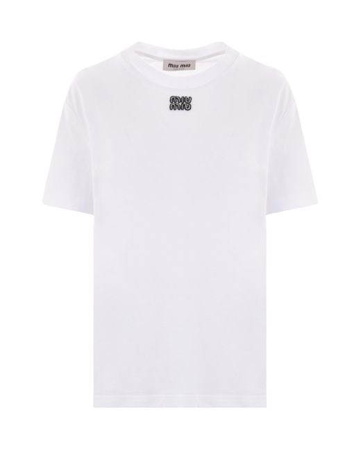 Miu Miu White Logo-Beaded Crewneck T-Shirt