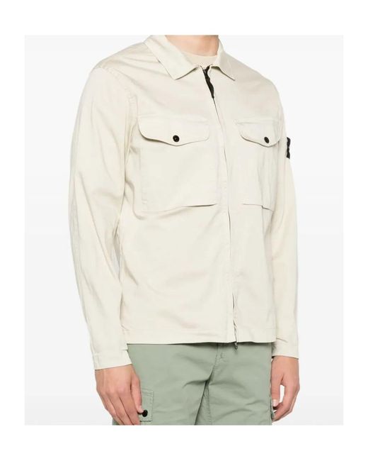 Stone Island White Compass Patch Zipped Overshirt for men