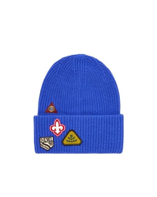 DIESEL Blue K-Phat Patch-Detail Ribbed-Knit Beanie Hat for men