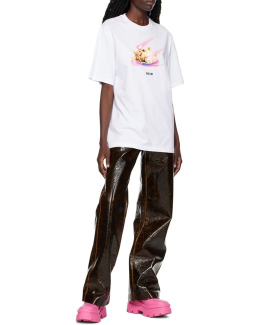 MSGM White 'Space Cat' Designs Cotton T-Shirt With Round Neck