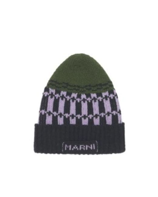 Marni Green Wool Beanie With Geometric Motif for men
