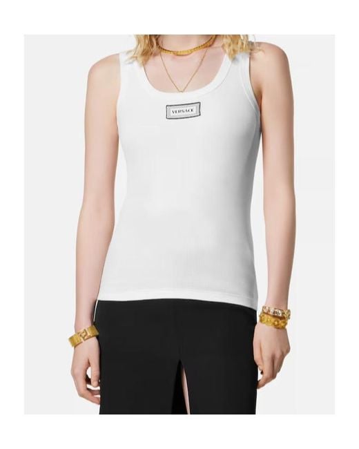 Versace White Logo Detailed Ribbed Sleeveless Top