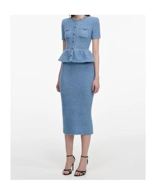 Self-Portrait Blue Peplum Knitted Midi Resses
