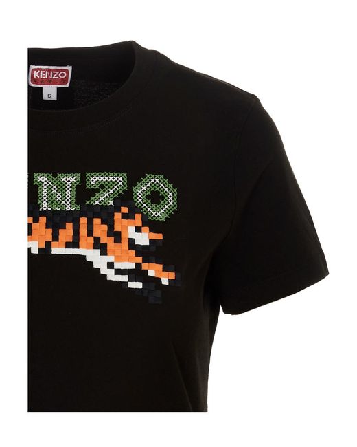KENZO Black Tiger Motif Embroidered Crewneck T-Shirt
