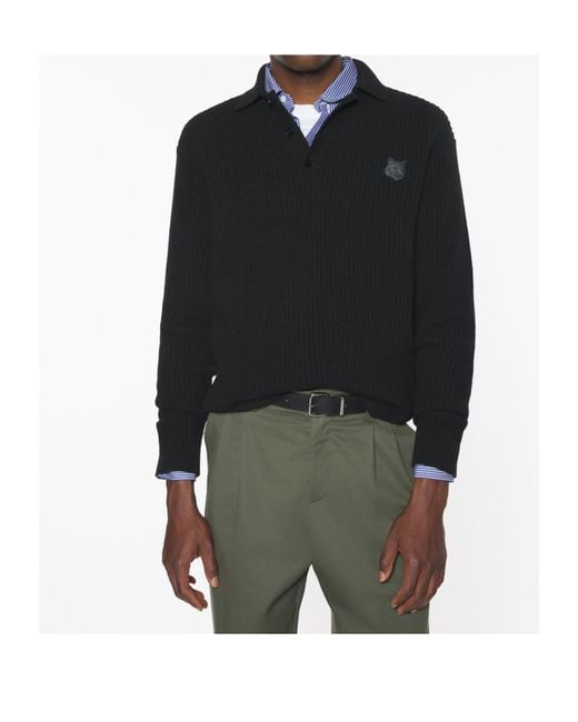 Maison Kitsuné Black Maison Kitsuné Fox Head Ribbed Polo Jumper for men