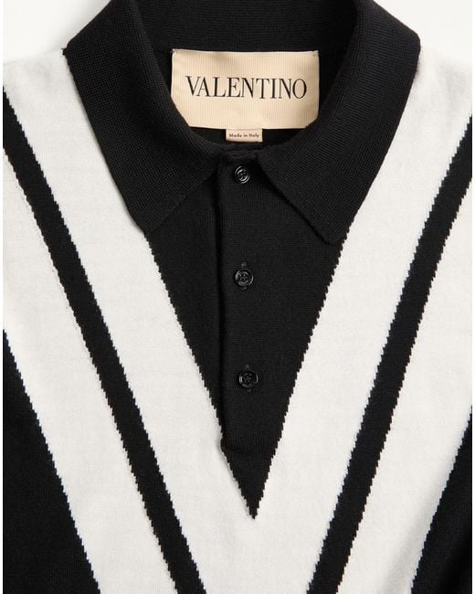 Valentino Black Wool Polo Shirt With Inlaid V for men
