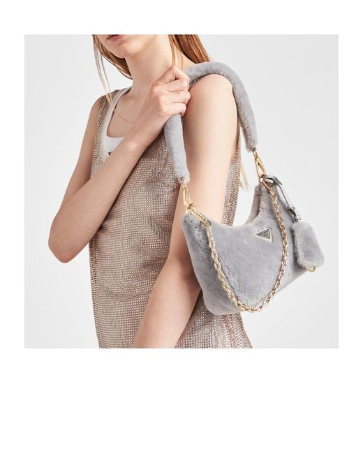 Prada Gray Logo Plaque Zipped Shoulder Bag