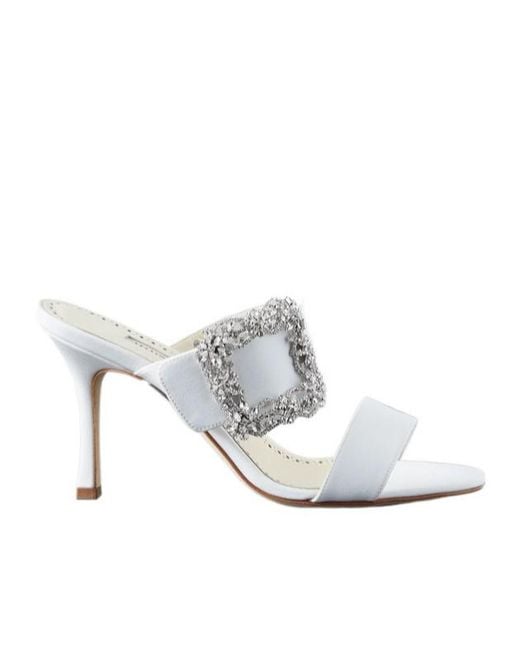 Manolo Blahnik White Buckled Crepe De Chine Mules