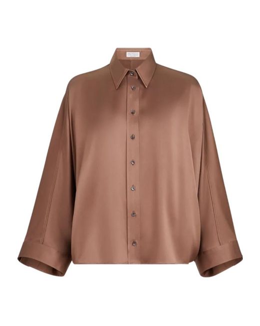 Brunello Cucinelli Brown Stretch Silk Satin Shirt With Monili