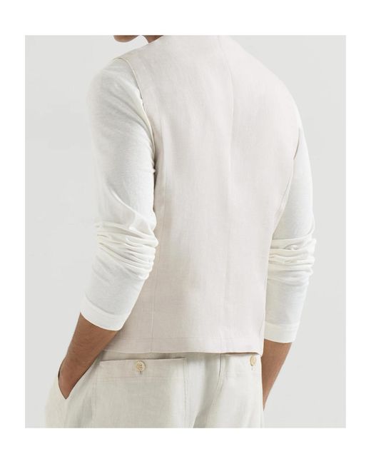 Brunello Cucinelli White Linen Micro Chevron Waistcoat for men