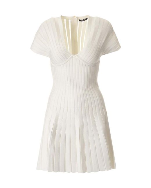 Balmain White Pleated Mesh Mini Dress