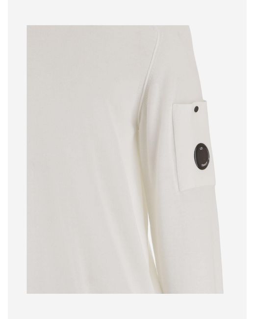 C P Company White Crewneck Lens Jumper for men