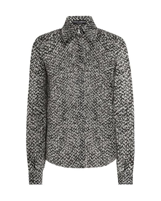 Dolce & Gabbana Gray Pleated-Collar Print Shirt