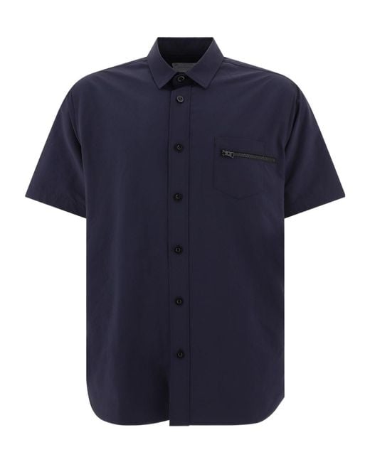 Sacai Blue Zip-Pocket Detailed Short Sleeved Buttoned Shirt for men