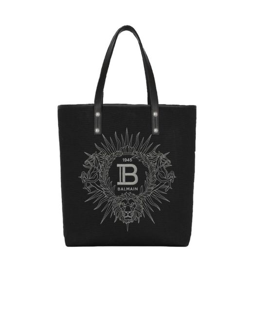 Balmain Black Varsity Monogrammed Canvas And Leather Tote Bag for men