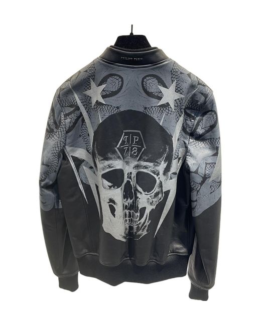 Philipp Plein Blue Long-Sleeved Leather Jacket for men