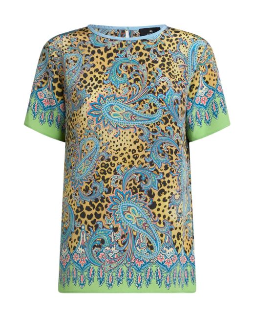 Etro Blue Paisley Animal-Motif Silk Top