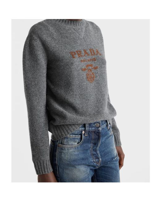 Prada Gray Logo-Intarsia Crewneck Jumper