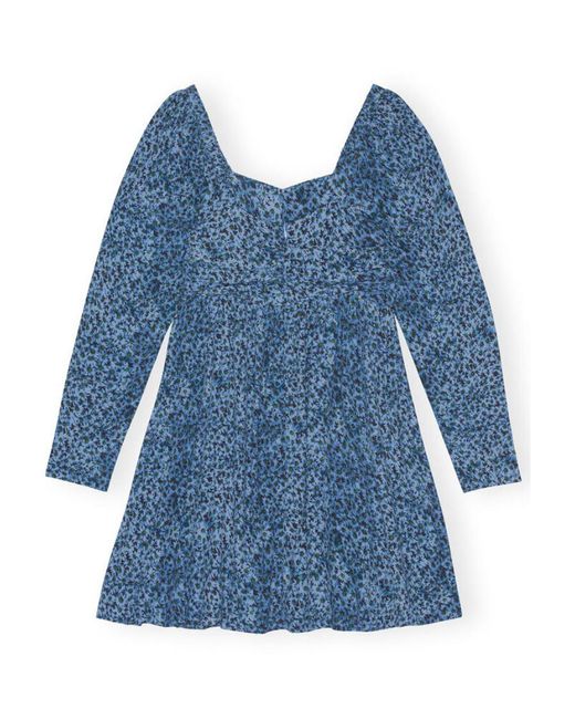 Ganni Blue Printed Crepe Mini Dress