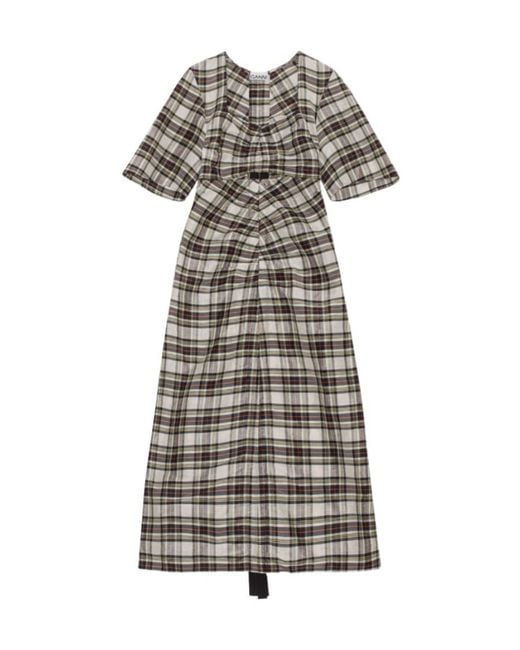 Ganni White Ruched Plaid Cut Out Midi Dress