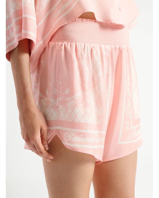 Balmain Pink Scarf-Print High-Waist Shorts