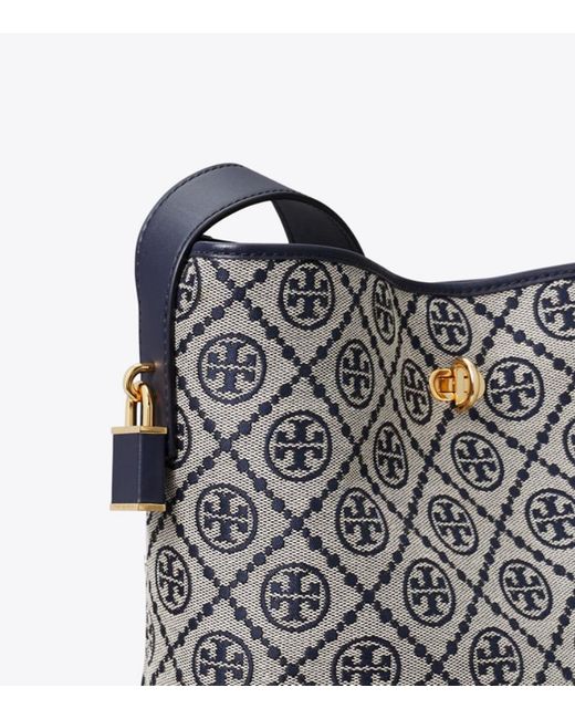 Tory Burch Blue T Monogram Leather-Trim Bucket Bag