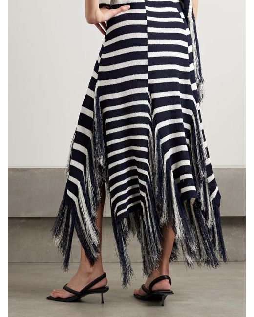 Proenza Schouler Blue Yves Asymmetric Fringed Striped Knitted Maxi Skirt