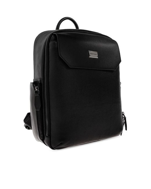 Emporio Armani Black Logo Patch Leather Backpack for men