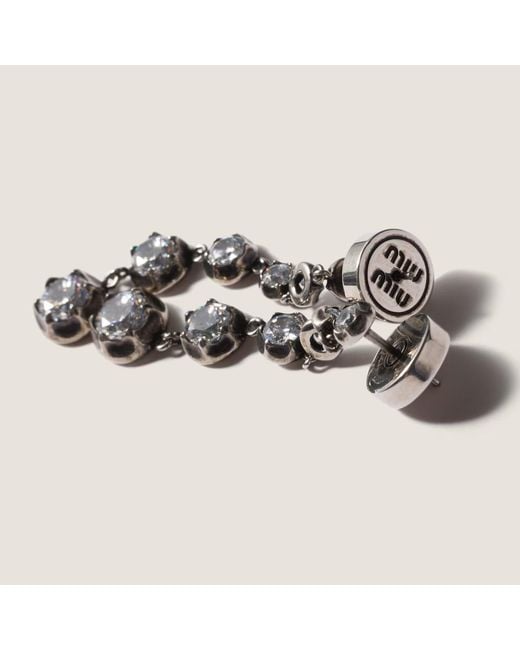 Miu Miu White Metal Pendant Earrings With Crystals