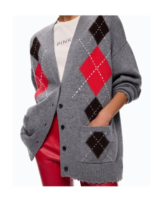 Pinko Gray Wool And Cashmere Cardigan With Diamond Motif