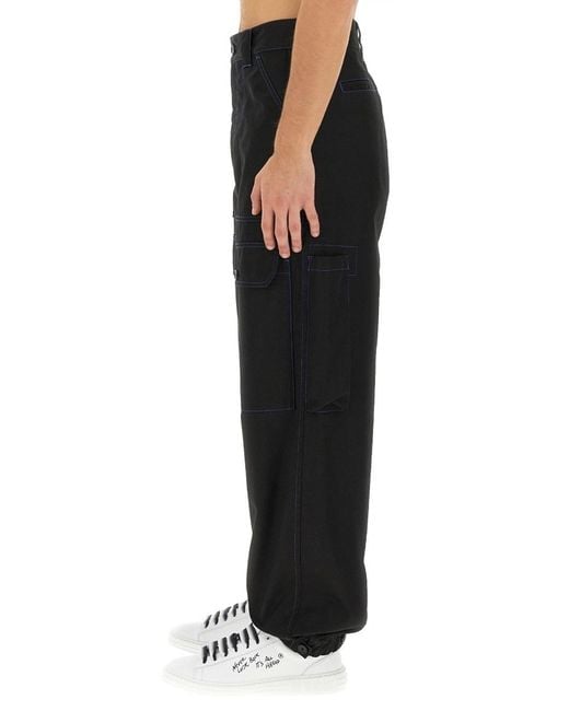 MSGM Black Contrasting-Stitch Logo-Patch Cargo Trousers for men