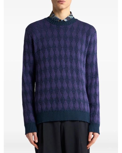 Etro Blue Wool Jacquard Sweater for men