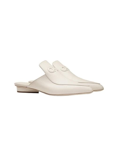 Ferragamo White Logo Flat-Soled Muller Shoes