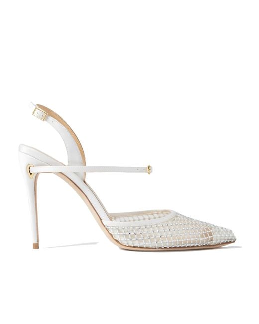 JENNIFER CHAMANDI White Crystal-Embellished Mesh And Satin Backless High Heels