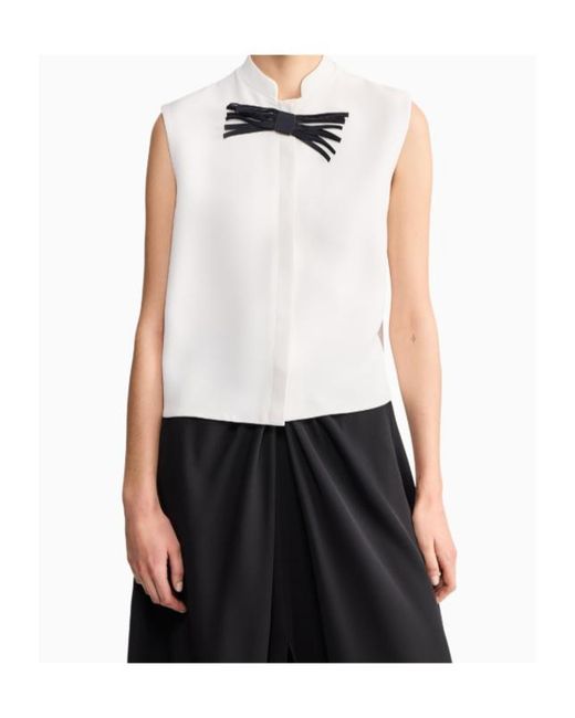 Giorgio Armani White Shirt Sleeveless Mandarin Collar Silk Cady Detachable Brooch