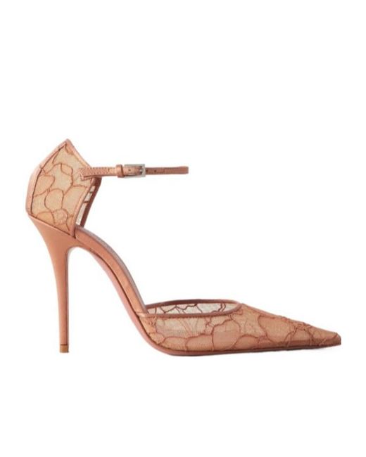 AMINA MUADDI Pink Satin-Trimmed Corded Lace Pumps