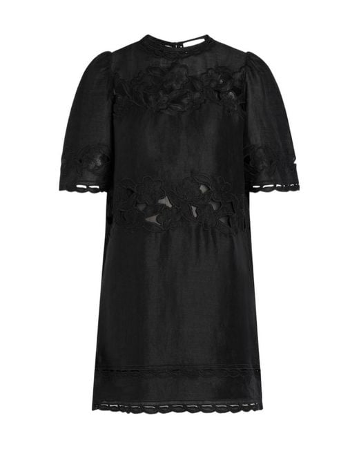 Isabel Marant Black Floral-Embroidered Ramie Mini Dress