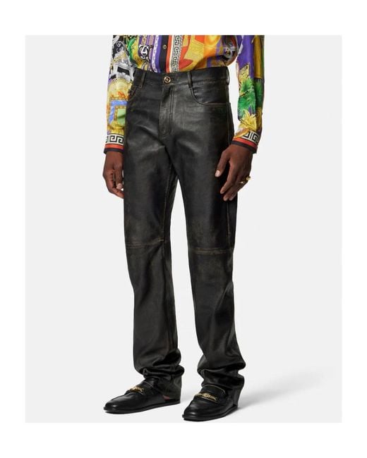 Versace Gray Distressed Leather Pants for men