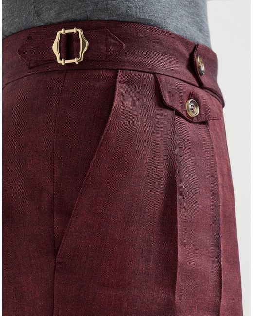 Brunello Cucinelli Red Linen And Virgin Wool Chevron Trousers With Double Pleats And Waist Tabs for men