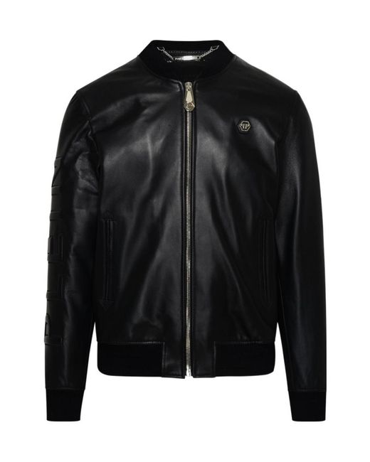 Philipp Plein Black Embossed-Logo Leather Jacket for men