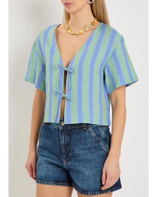 Staud Blue Ava Striped Tie-Front Linen Blouse