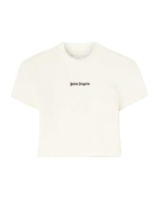 Palm Angels White Logo Embroidered Short-Sleeved T-Shirt