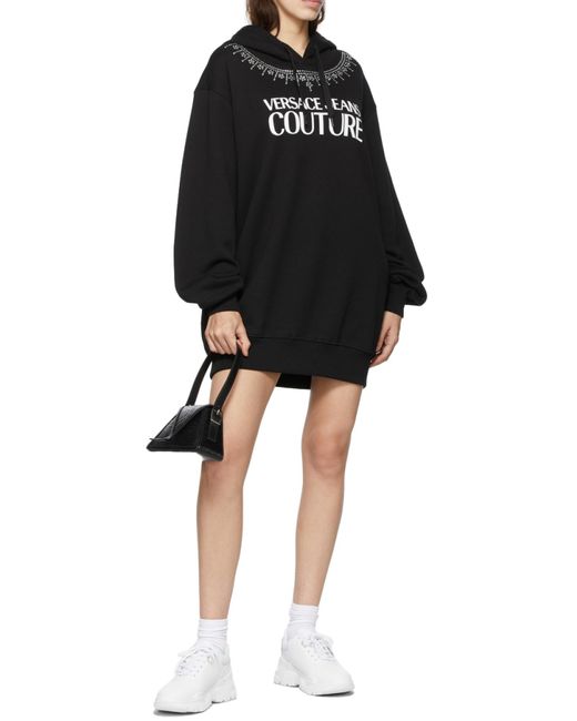 Versace Jeans Black Studded Logo-Print Hoodie Dress