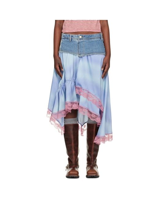 ANDERSSON BELL Blue Denim Patchwork Lace Trim Midi Skirt