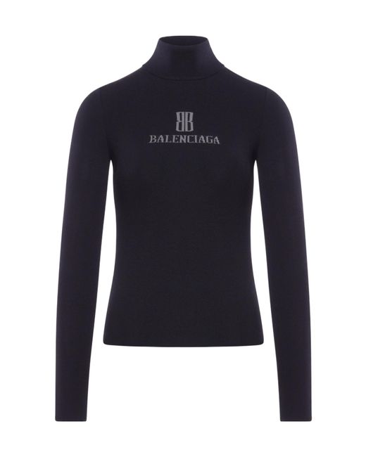 Balenciaga Blue Logo Intarsia Turtleneck Knit Top